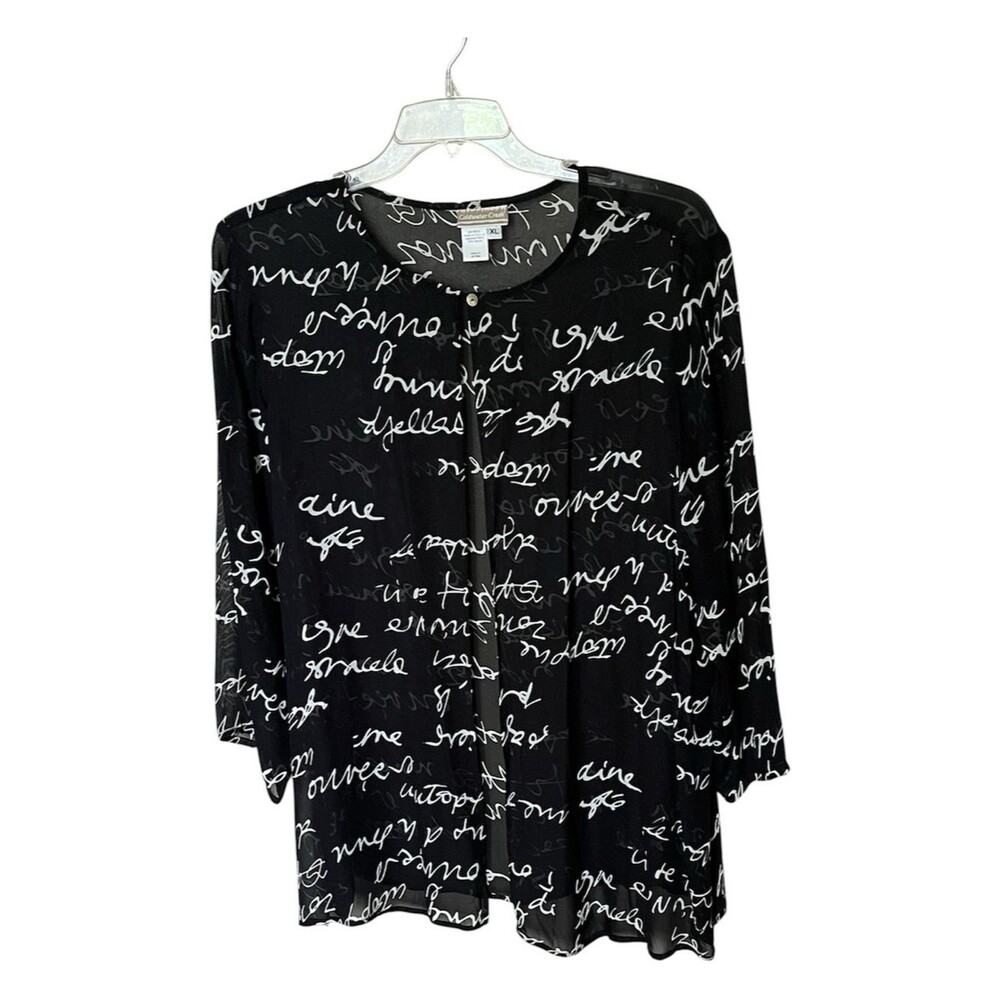 Coldwater Creek Black and White Script Print Sheer One Button Kimono Top Size XL